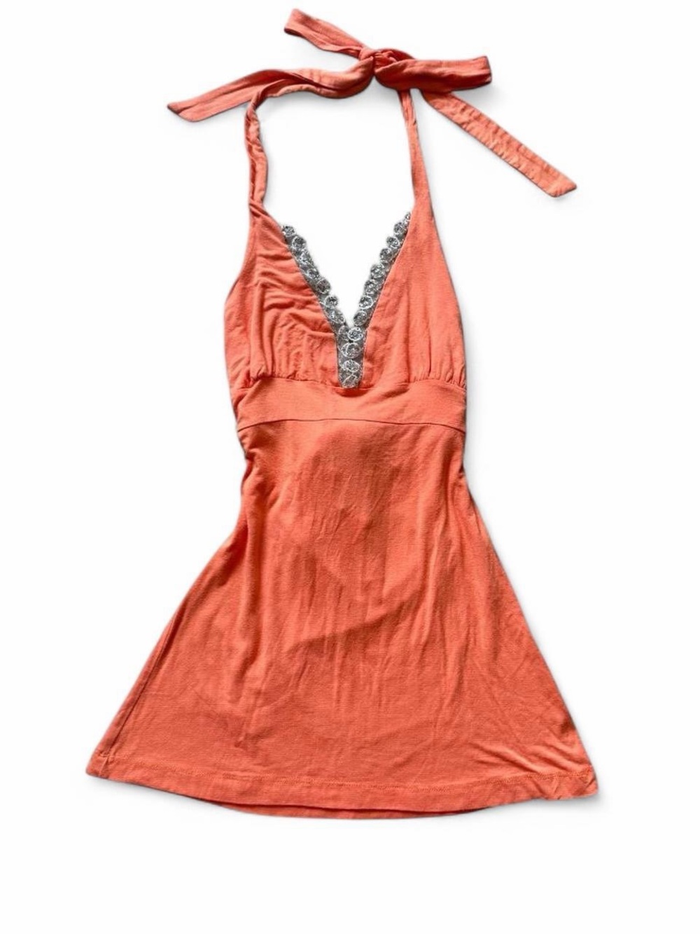 Coral Halter top with Beaded V-Neck